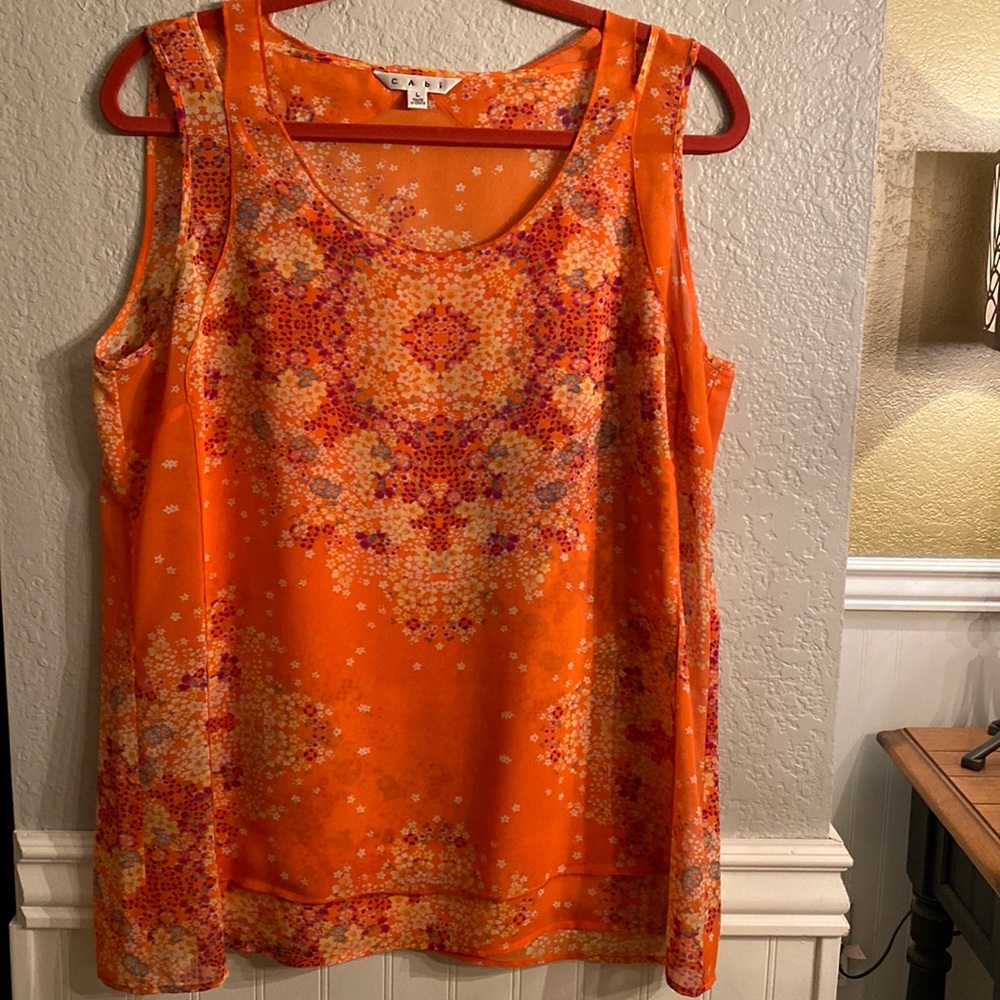 “CABI” Ladies sleeveless top, size L - Color  orange, little green & burgundy